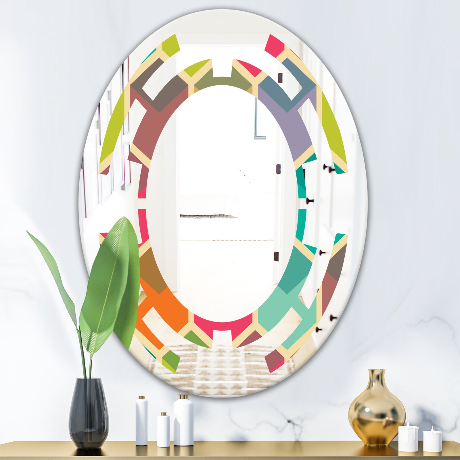 Retro Hexagon Pattern I - Modern Round or Oval Wall Mirror - Space