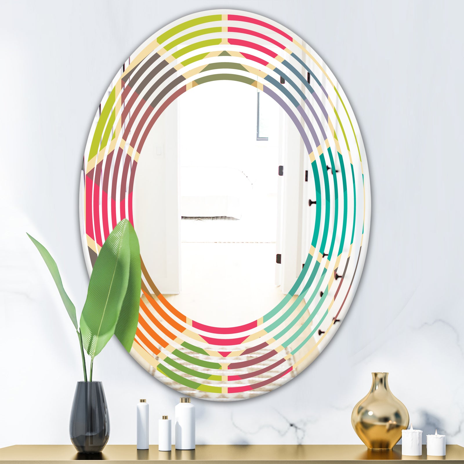 Retro Hexagon Pattern I - Modern Round or Oval Wall Mirror - Wave