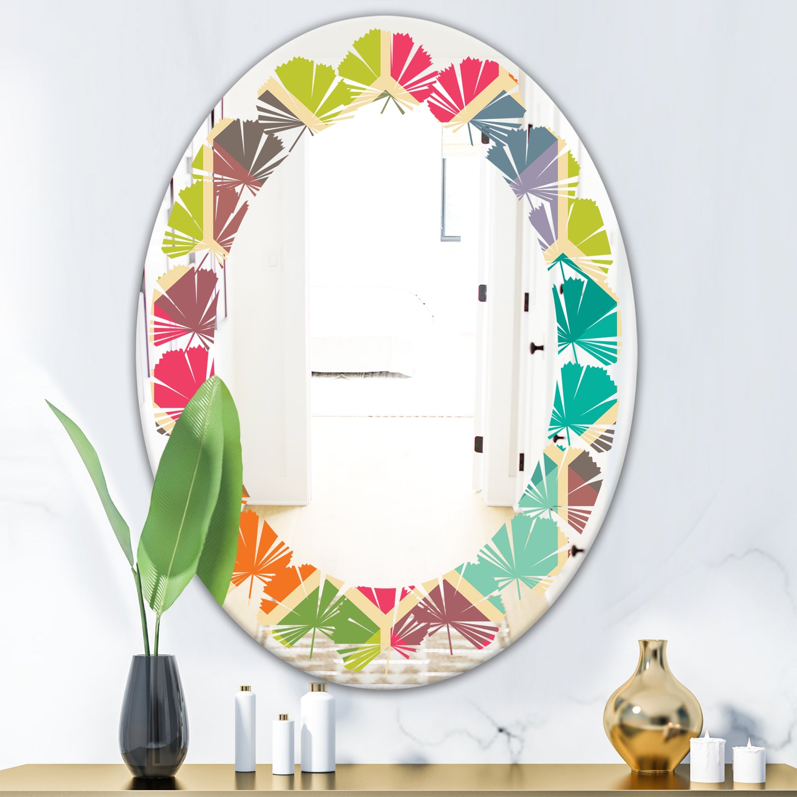 Retro Hexagon Pattern I - Modern Round or Oval Wall Mirror - Leaves