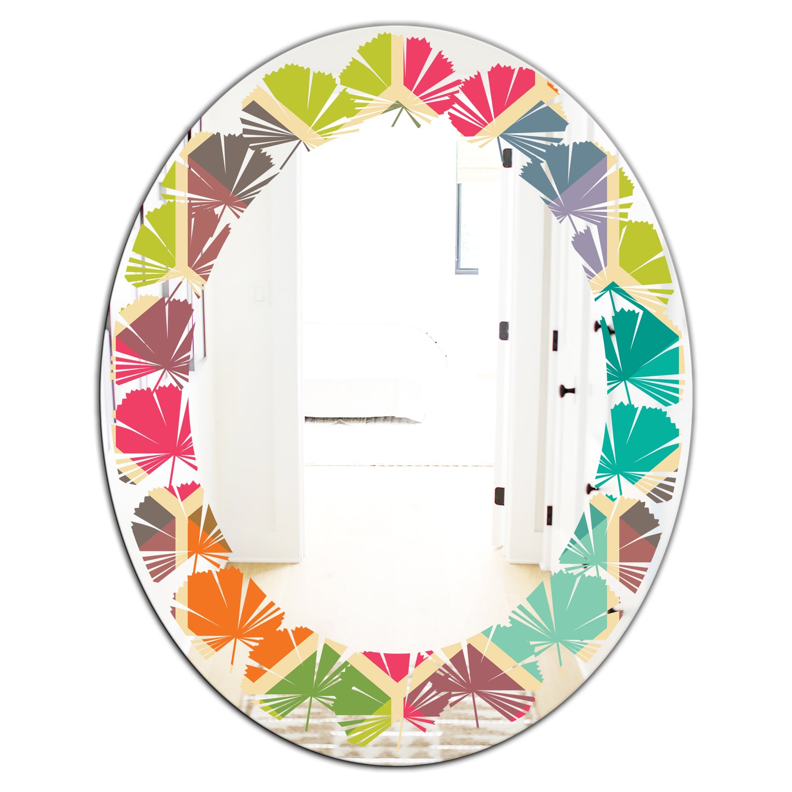 Retro Hexagon Pattern I - Modern Round or Oval Wall Mirror - Leaves