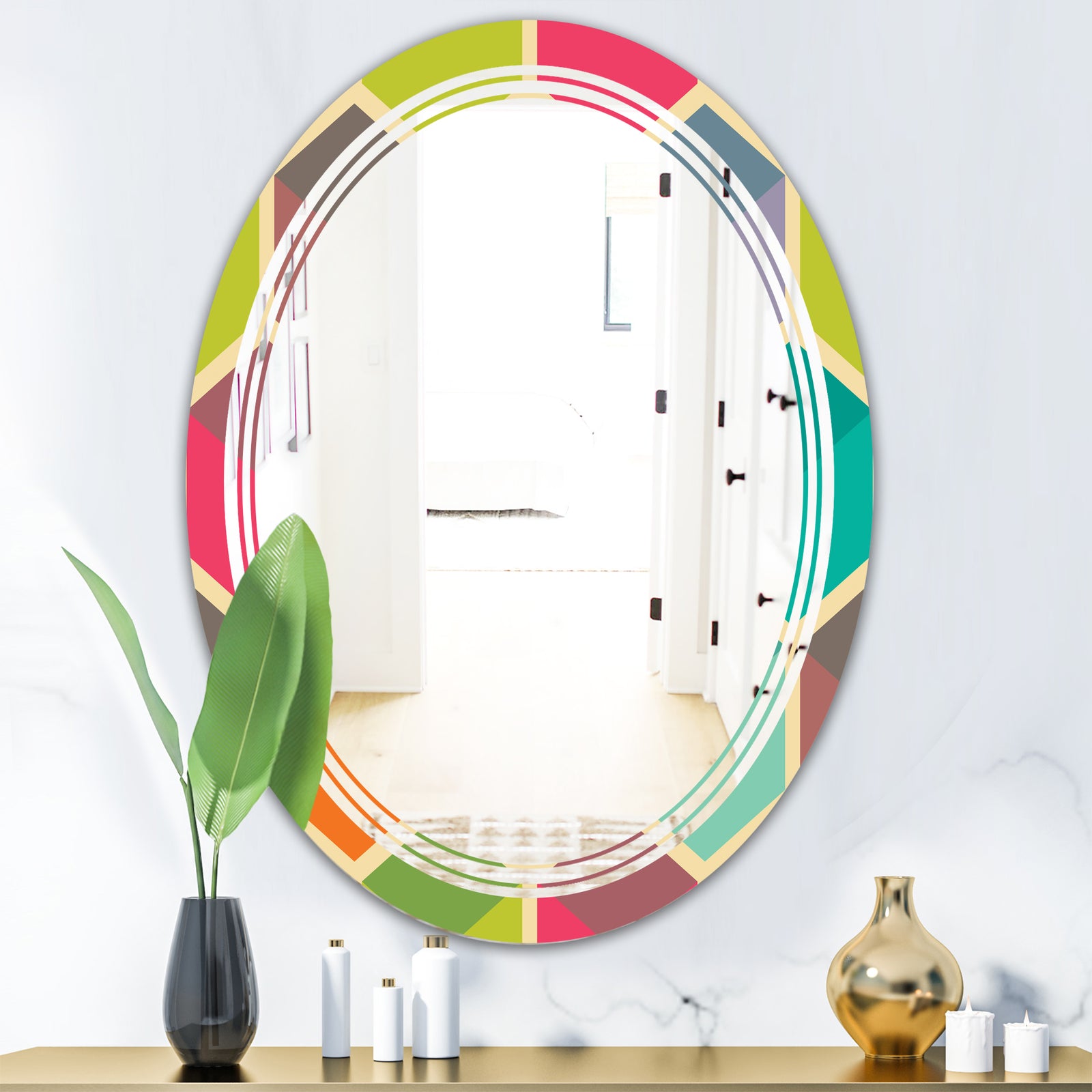 Retro Hexagon Pattern I - Modern Round or Oval Wall Mirror - Triple C