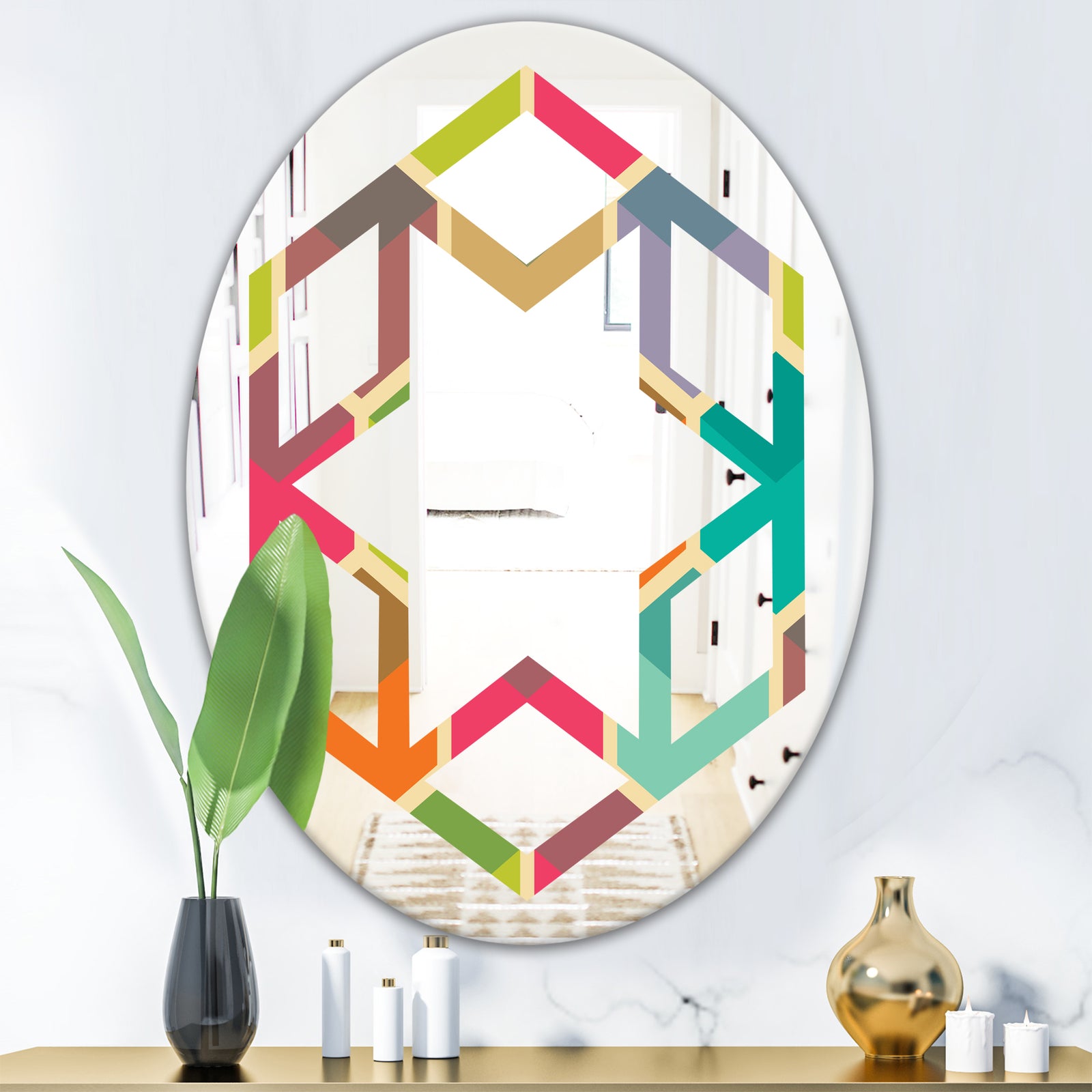 Retro Hexagon Pattern I - Modern Round or Oval Wall Mirror - Hexagon Star
