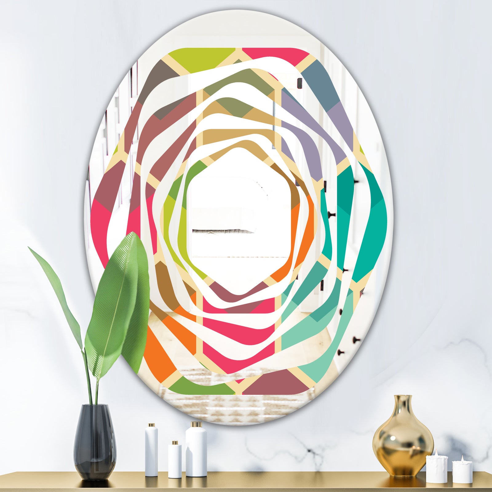 Retro Hexagon Pattern I - Modern Round or Oval Wall Mirror - Whirl