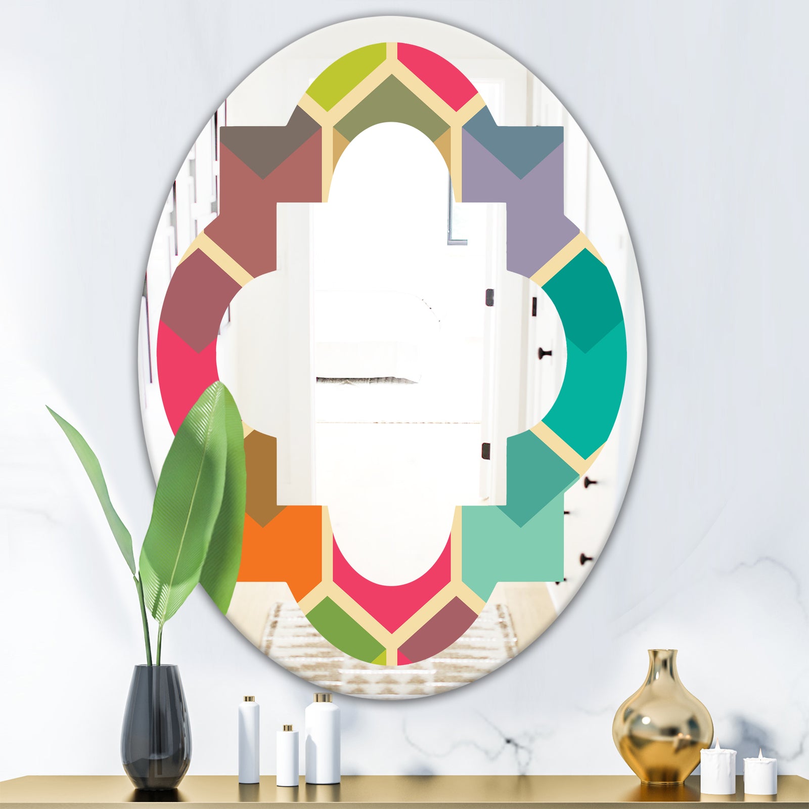 Retro Hexagon Pattern I - Modern Round or Oval Wall Mirror - Quatrefoil