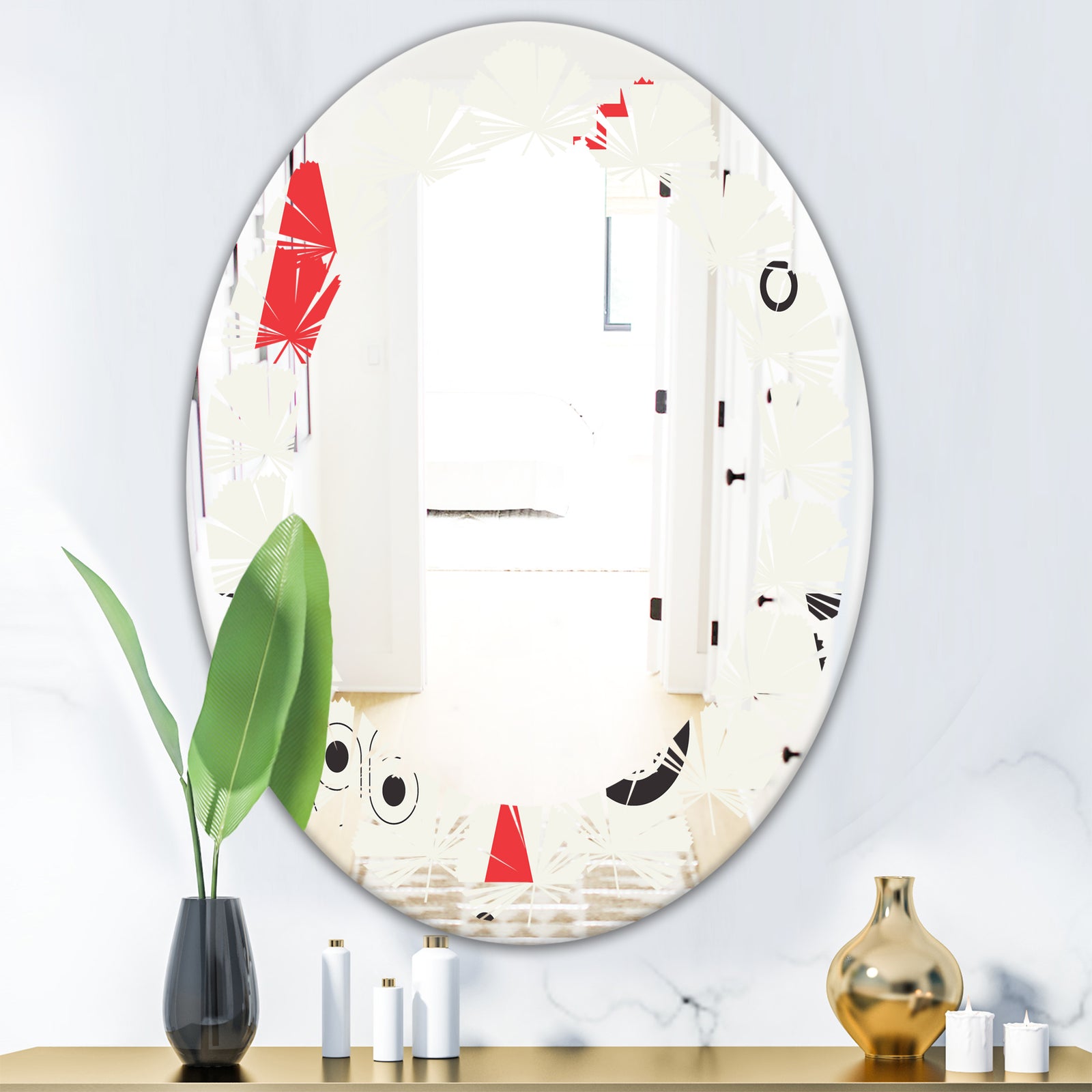 Triangular Retro Design III - Modern Round or Oval Wall Mirror - Leaves