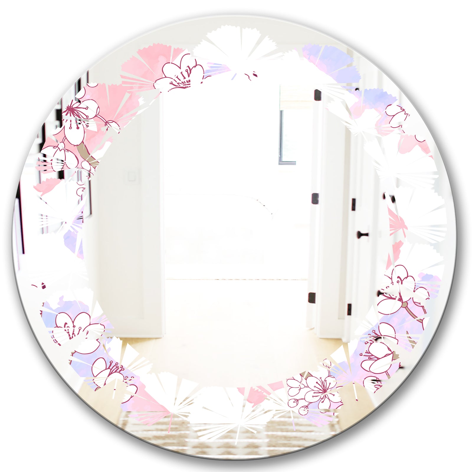 Retro Pink Flower Pattern I - Cottage Round or Oval Wall Mirror - Leaves