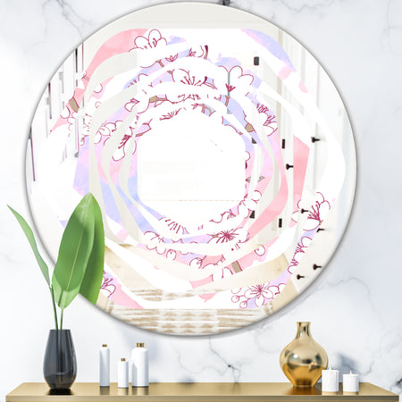 Retro Pink Flower Pattern I - Cottage Round or Oval Wall Mirror - Whirl