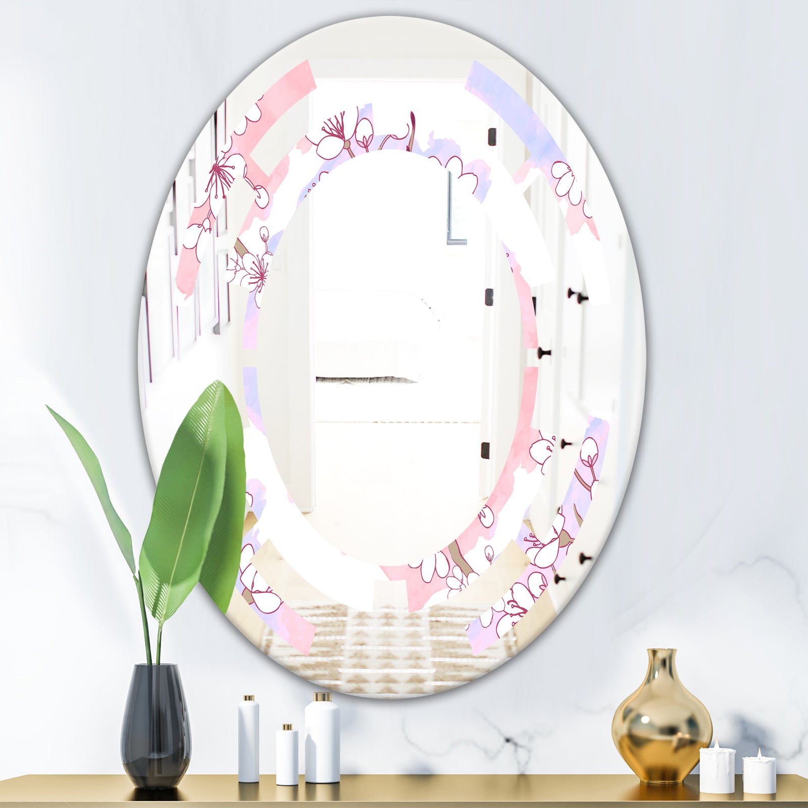 Retro Pink Flower Pattern I - Cottage Round or Oval Wall Mirror - Space