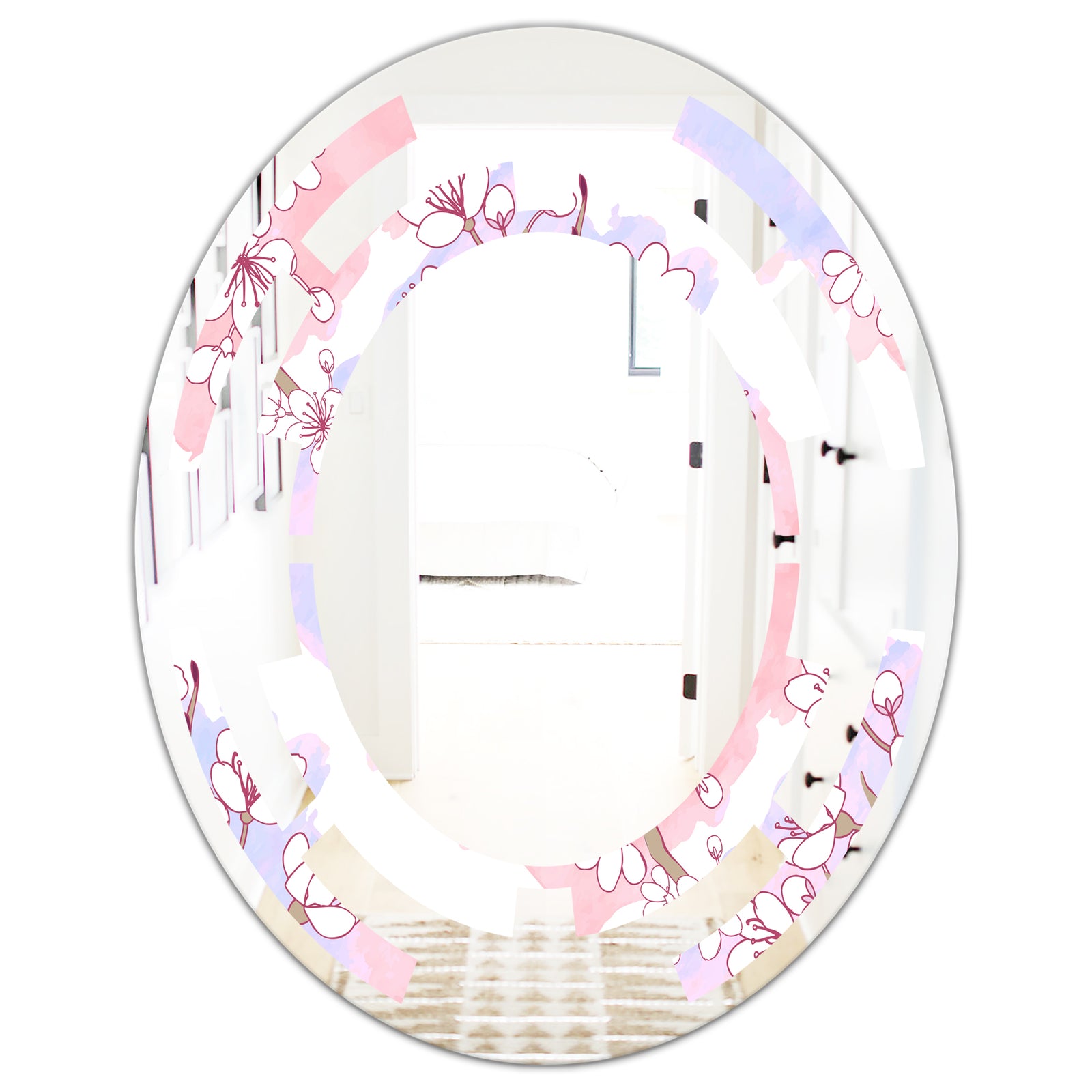 Retro Pink Flower Pattern I - Cottage Round or Oval Wall Mirror - Space