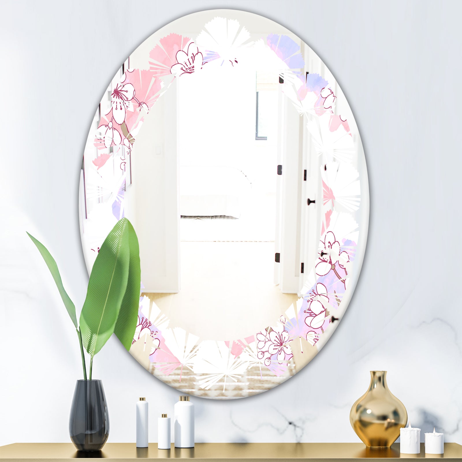 Retro Pink Flower Pattern I - Cottage Round or Oval Wall Mirror - Leaves