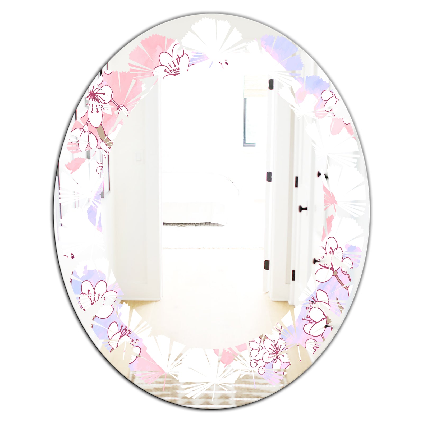 Retro Pink Flower Pattern I - Cottage Round or Oval Wall Mirror - Leaves