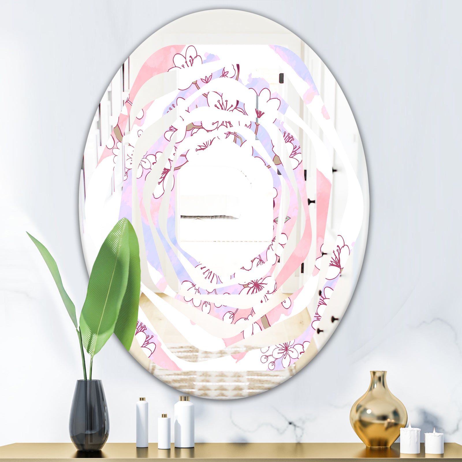Retro Pink Flower Pattern I - Cottage Round or Oval Wall Mirror - Whirl