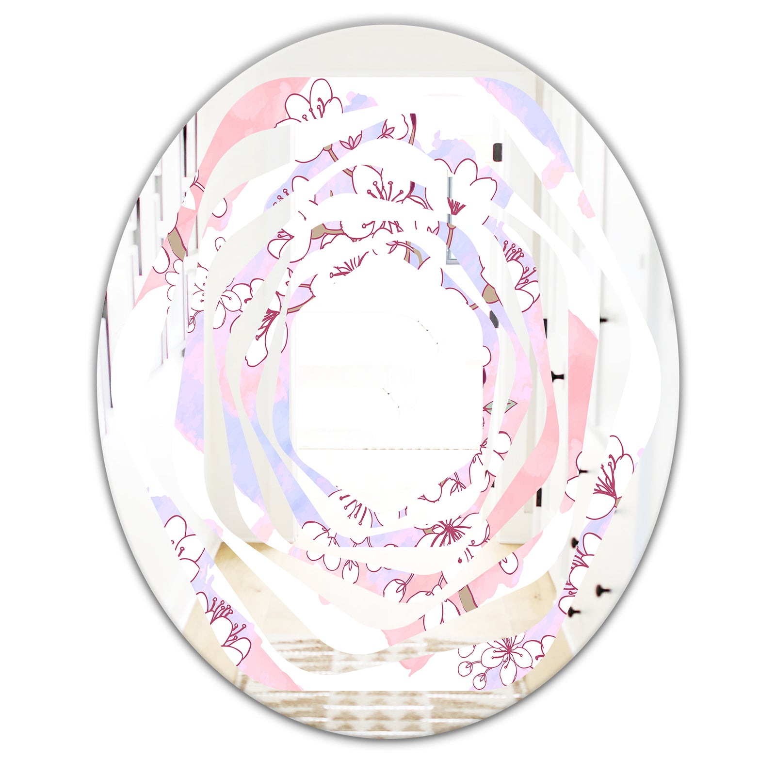 Retro Pink Flower Pattern I - Cottage Round or Oval Wall Mirror - Whirl