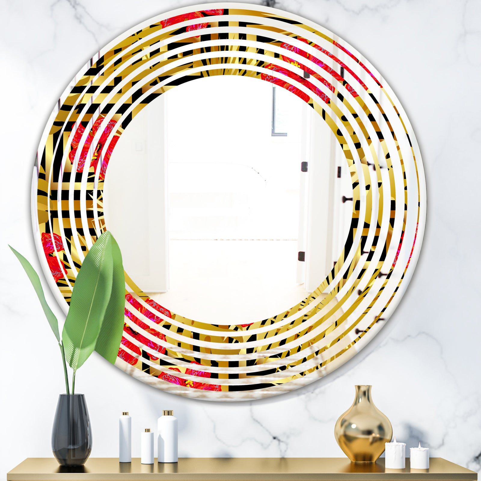 Tropical Gold Luxury Pattern I - Modern Round or Oval Wall Mirror - Wave