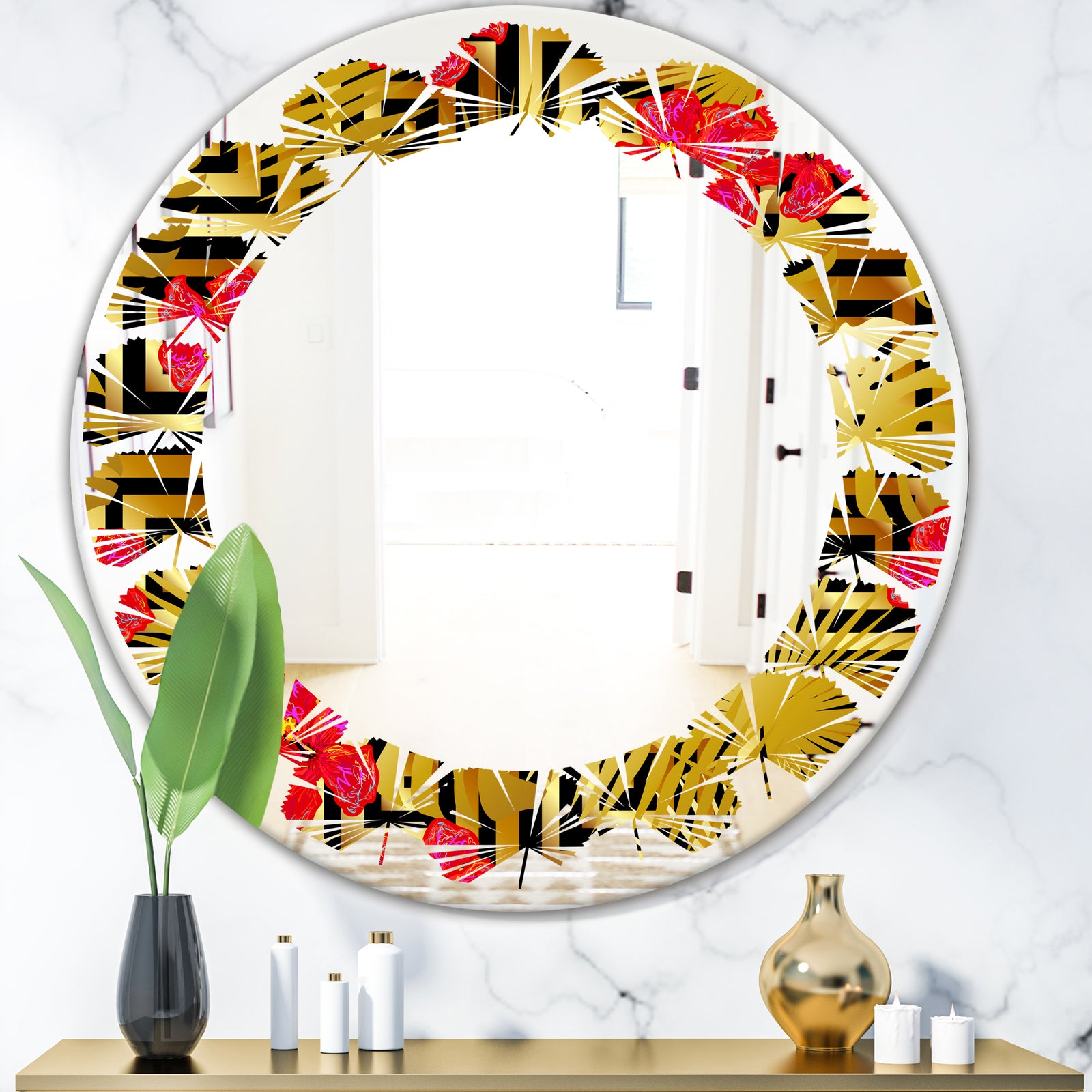 Tropical Gold Luxury Pattern I - Modern Round or Oval Wall Mirror - Leaves