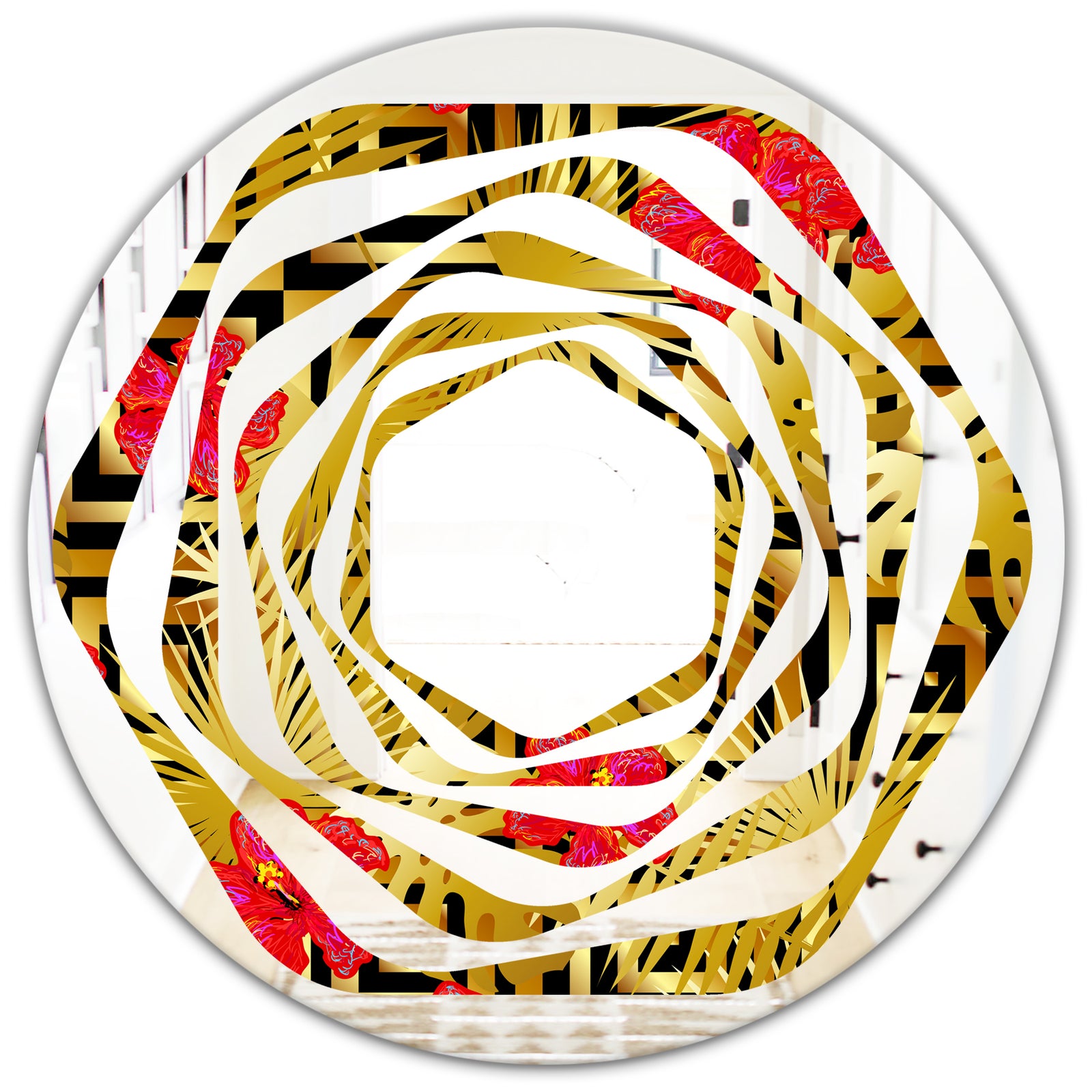 Tropical Gold Luxury Pattern I - Modern Round or Oval Wall Mirror - Whirl