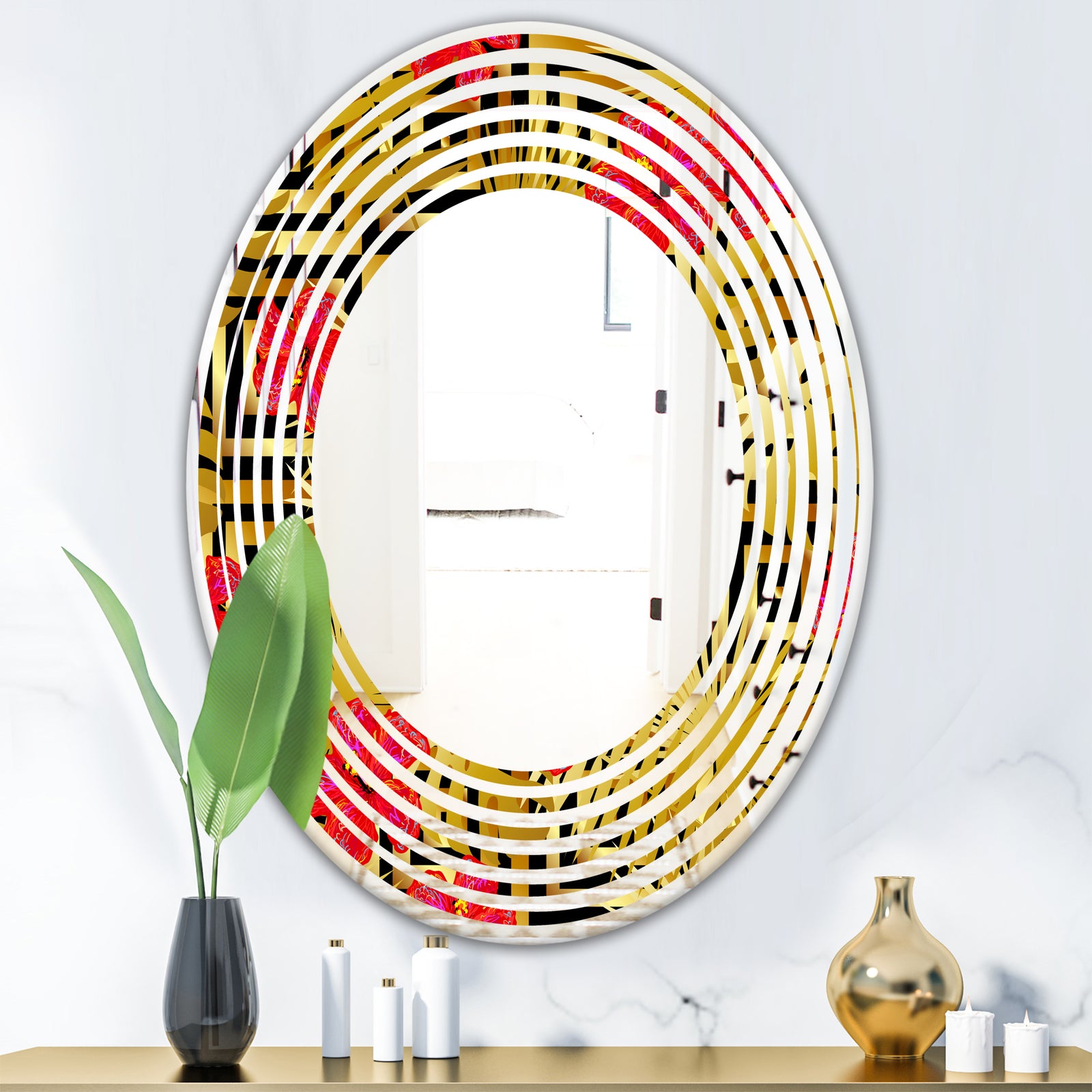 Tropical Gold Luxury Pattern I - Modern Round or Oval Wall Mirror - Wave