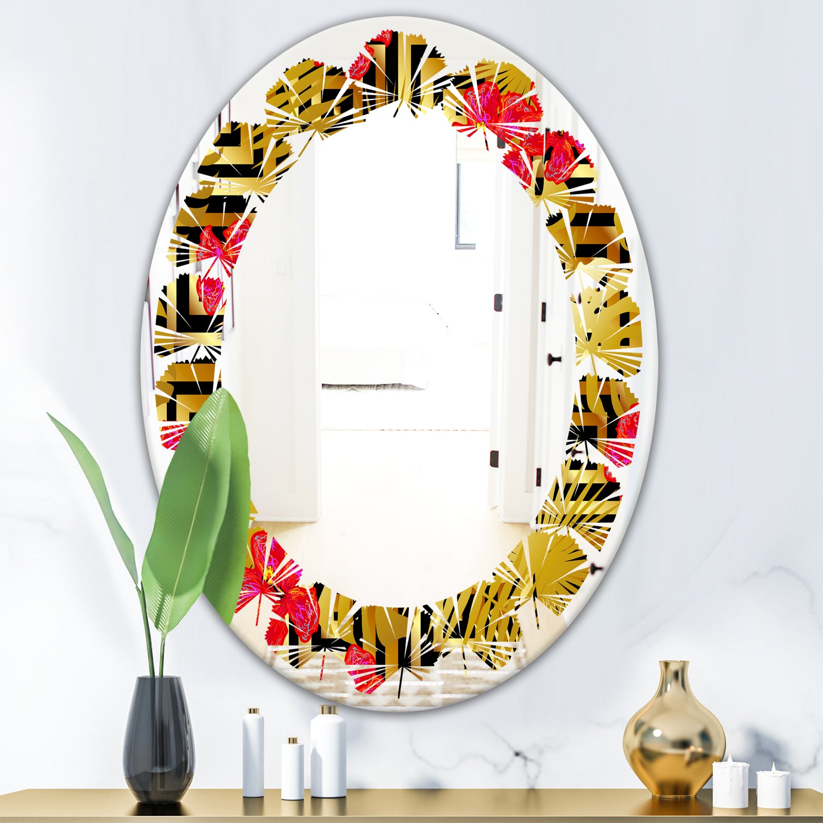 Tropical Gold Luxury Pattern I - Modern Round or Oval Wall Mirror - Leaves
