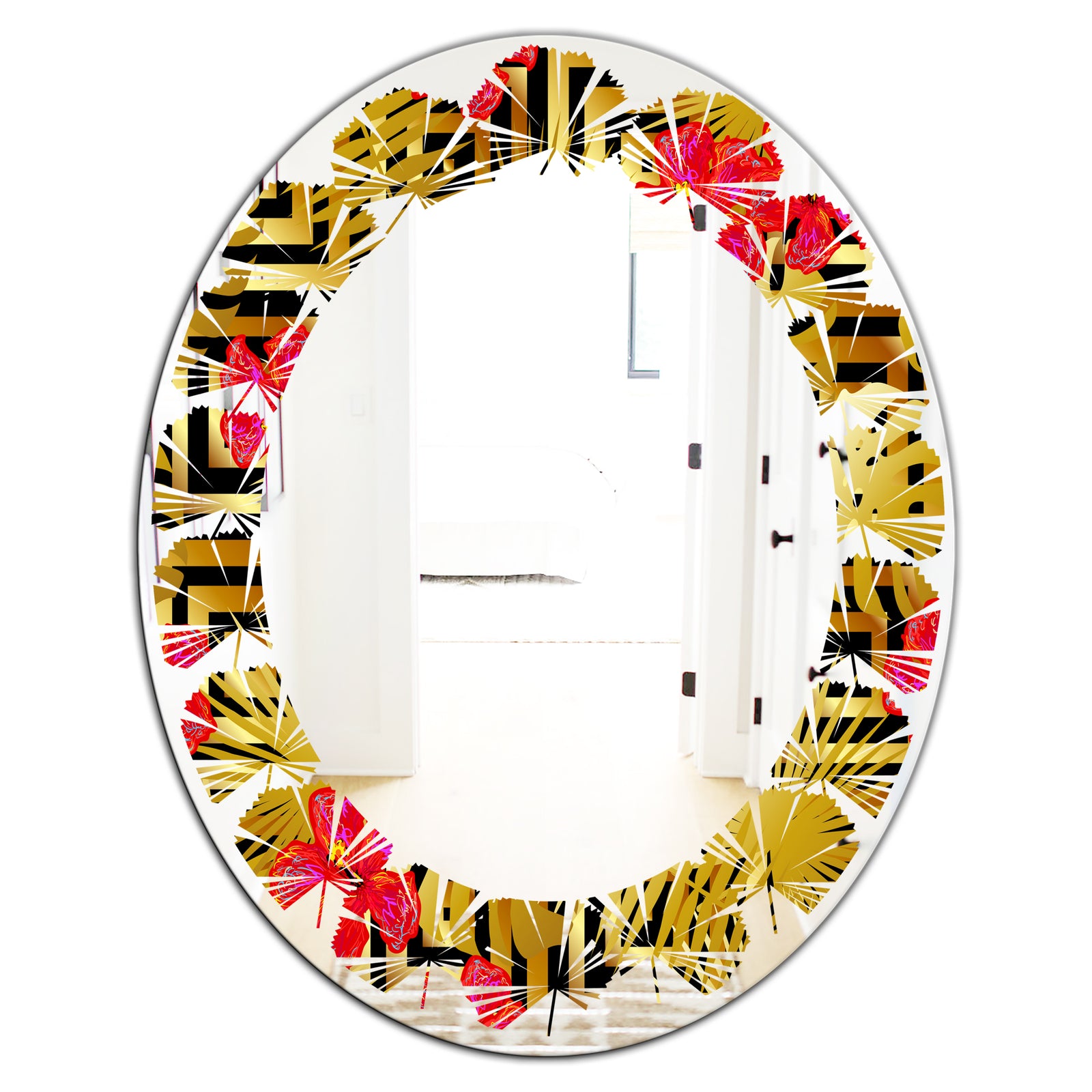 Tropical Gold Luxury Pattern I - Modern Round or Oval Wall Mirror - Leaves