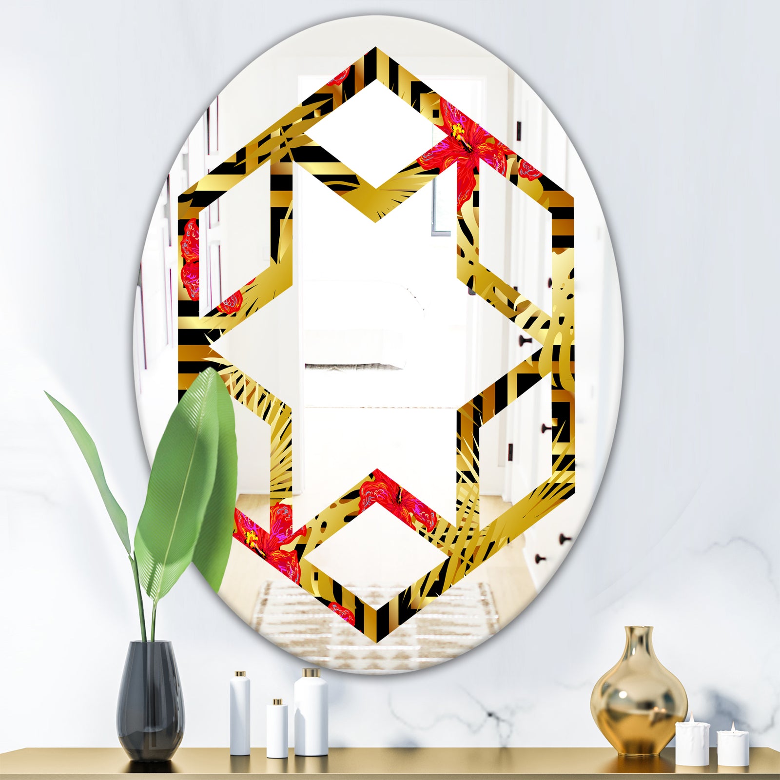 Tropical Gold Luxury Pattern I - Modern Round or Oval Wall Mirror - Hexagon Star