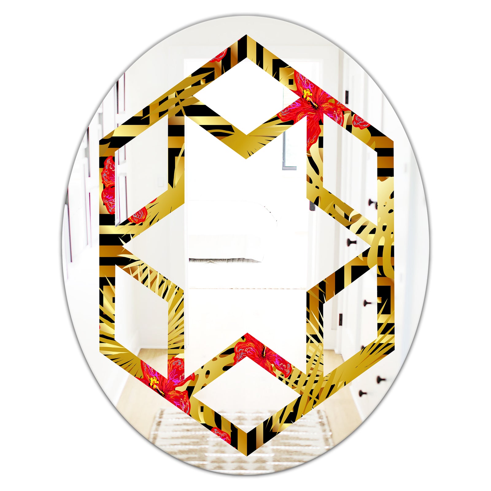 Tropical Gold Luxury Pattern I - Modern Round or Oval Wall Mirror - Hexagon Star