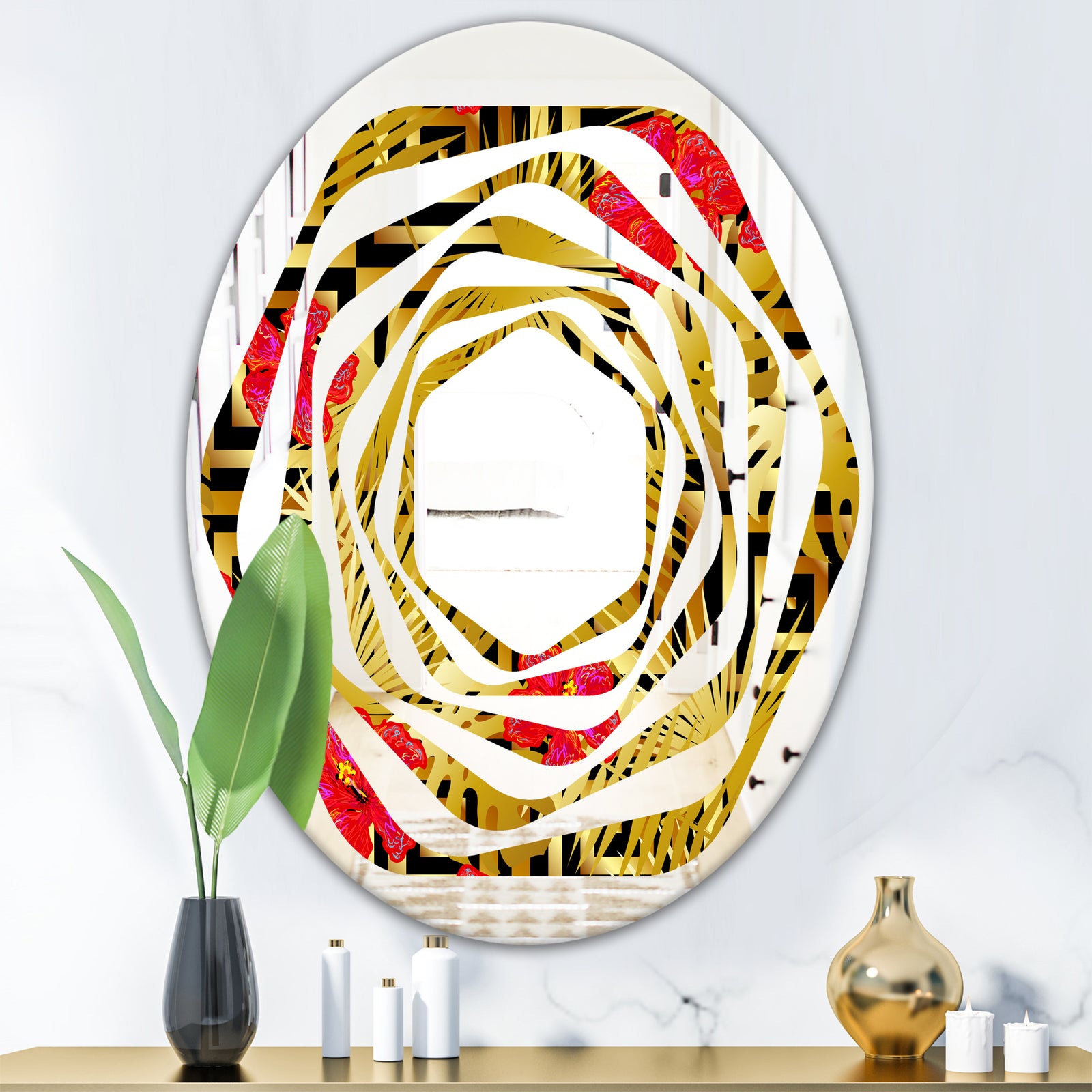 Tropical Gold Luxury Pattern I - Modern Round or Oval Wall Mirror - Whirl