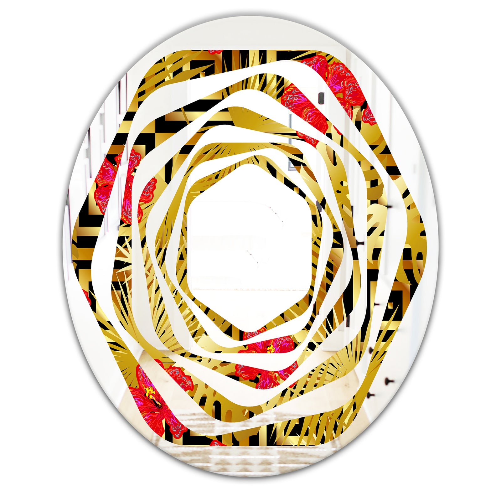 Tropical Gold Luxury Pattern I - Modern Round or Oval Wall Mirror - Whirl