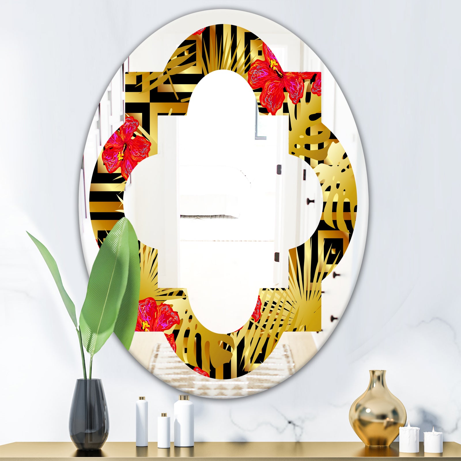 Tropical Gold Luxury Pattern I - Modern Round or Oval Wall Mirror - Quatrefoil