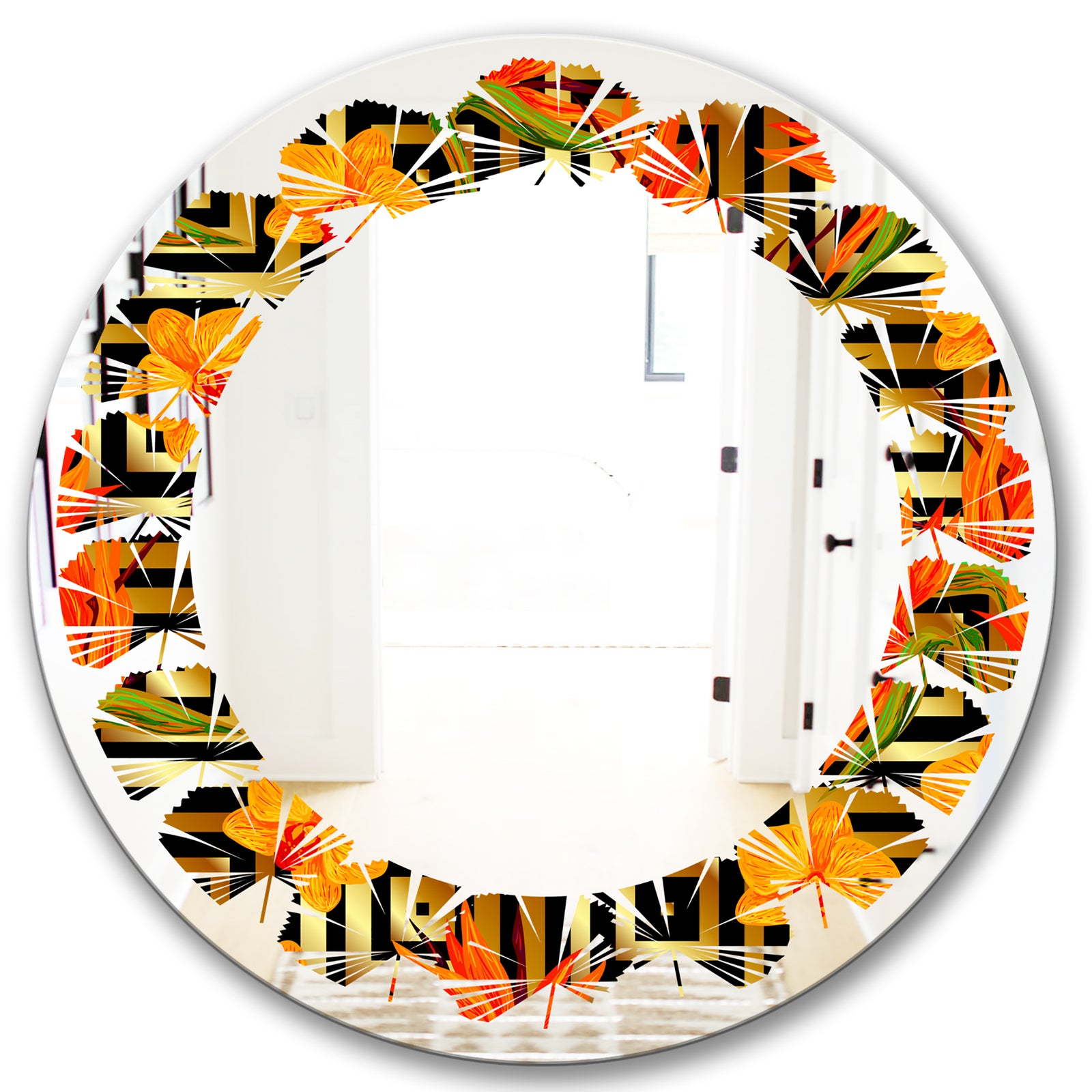 Tropical Gold Luxury Pattern III - Modern Round or Oval Wall Mirror - Leaves