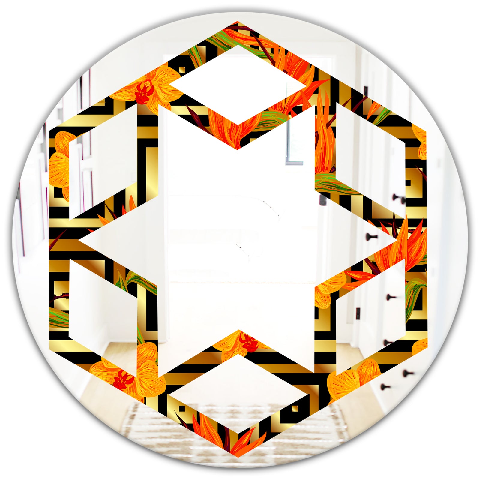 Tropical Gold Luxury Pattern III - Modern Round or Oval Wall Mirror - Hexagon Star