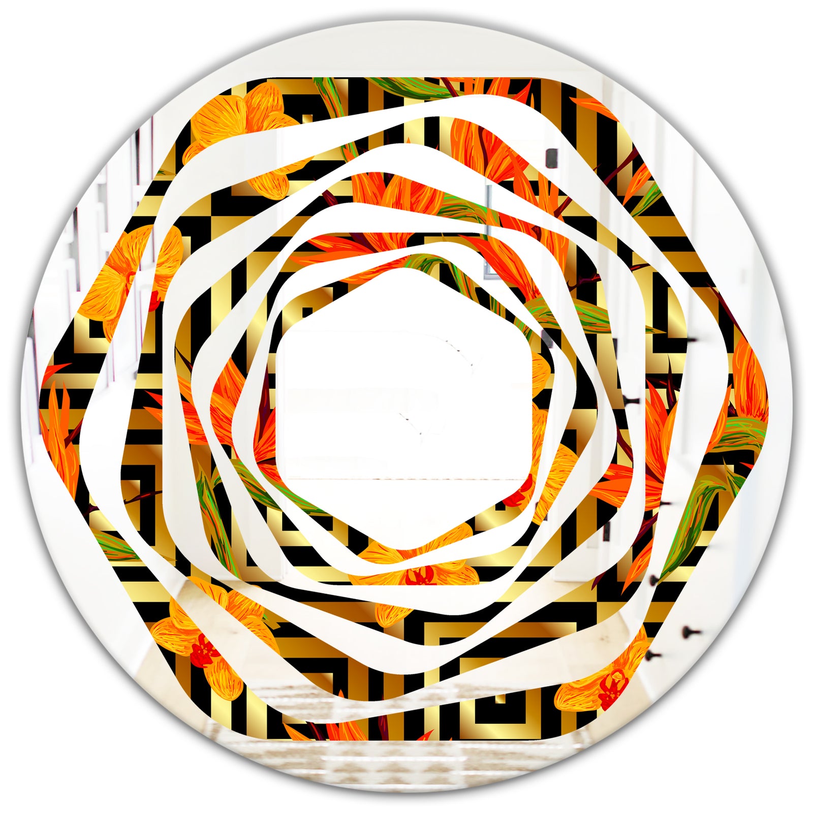 Tropical Gold Luxury Pattern III - Modern Round or Oval Wall Mirror - Whirl