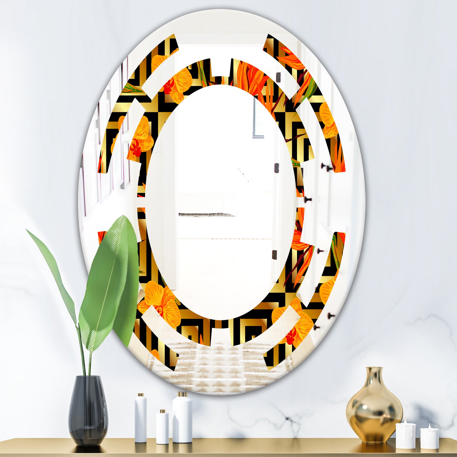 Tropical Gold Luxury Pattern III - Modern Round or Oval Wall Mirror - Space