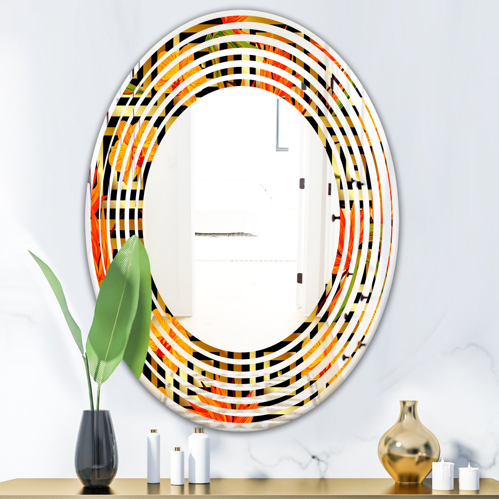 Tropical Gold Luxury Pattern III - Modern Round or Oval Wall Mirror - Wave