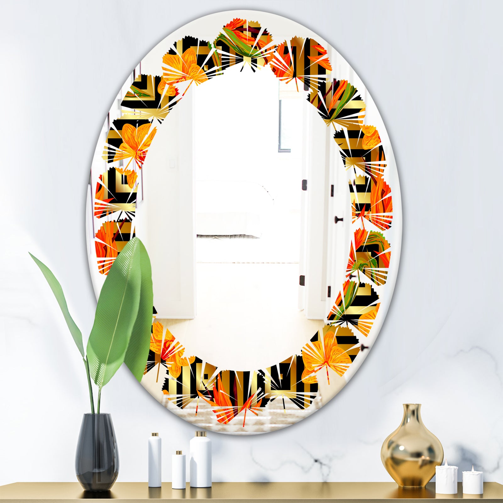 Tropical Gold Luxury Pattern III - Modern Round or Oval Wall Mirror - Leaves