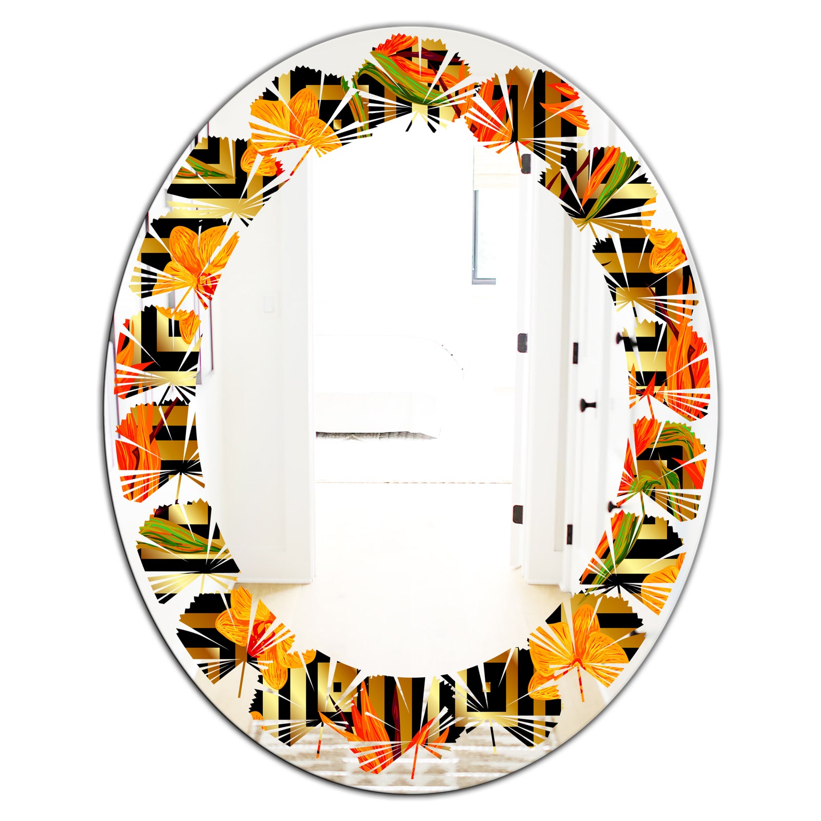 Tropical Gold Luxury Pattern III - Modern Round or Oval Wall Mirror - Leaves