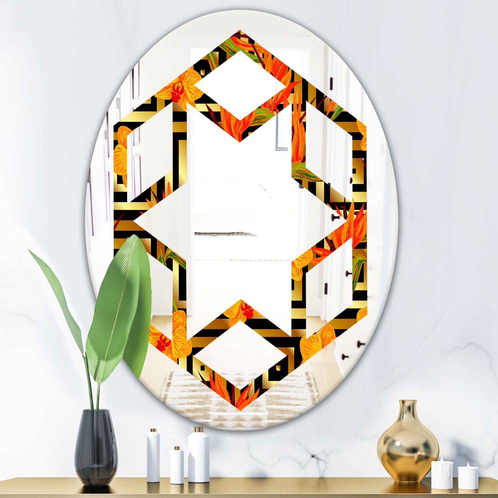 Tropical Gold Luxury Pattern III - Modern Round or Oval Wall Mirror - Hexagon Star