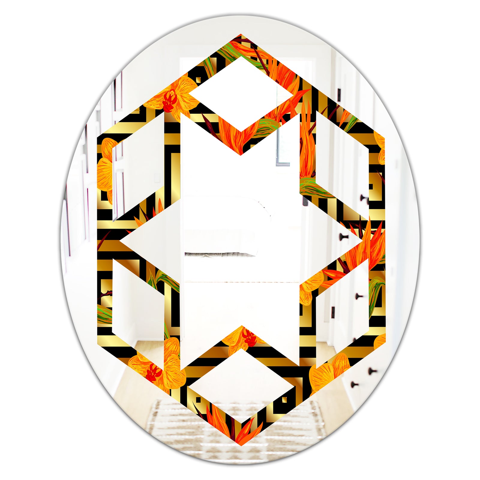 Tropical Gold Luxury Pattern III - Modern Round or Oval Wall Mirror - Hexagon Star