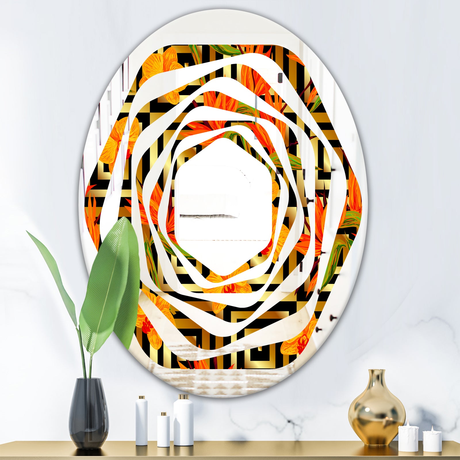 Tropical Gold Luxury Pattern III - Modern Round or Oval Wall Mirror - Whirl