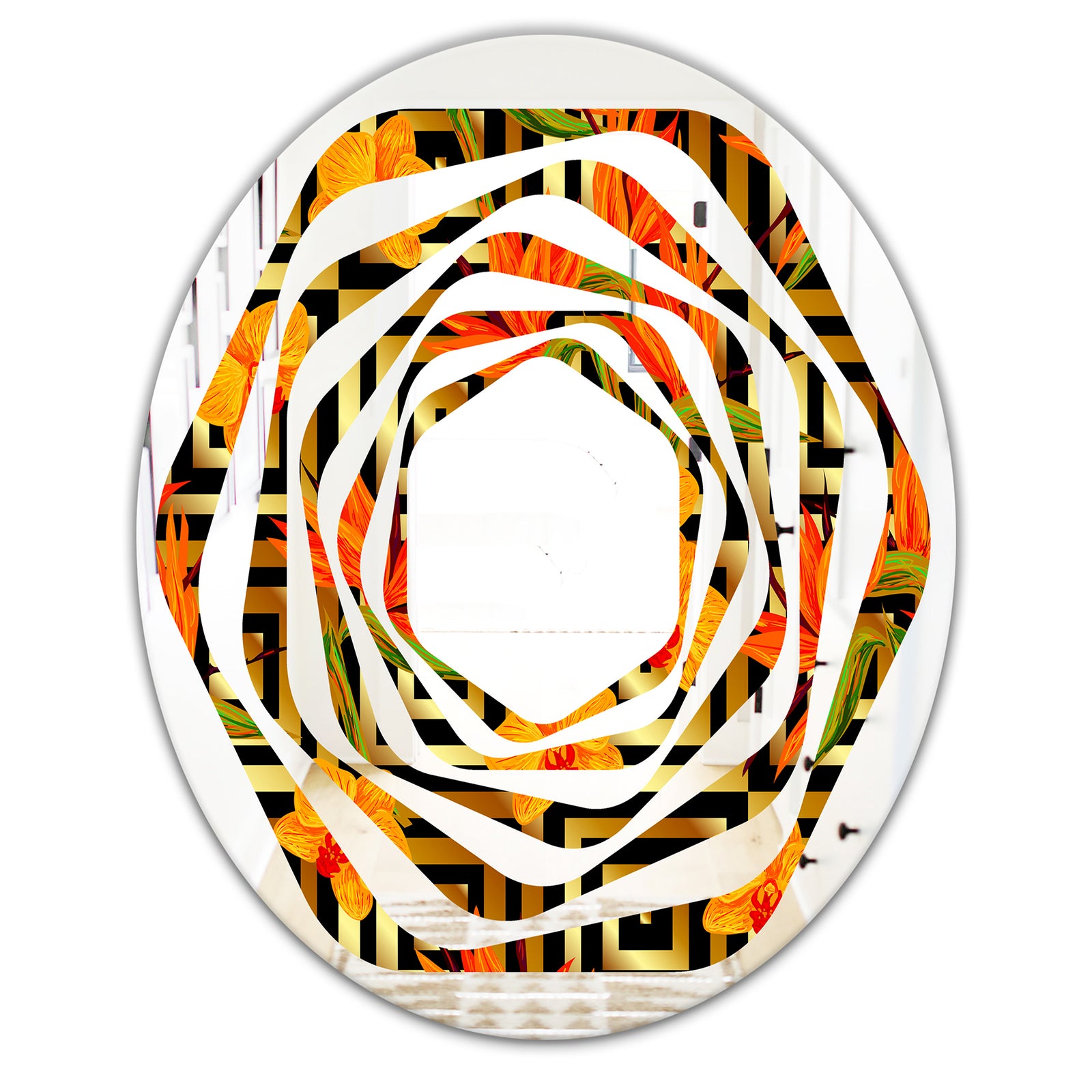 Tropical Gold Luxury Pattern III - Modern Round or Oval Wall Mirror - Whirl