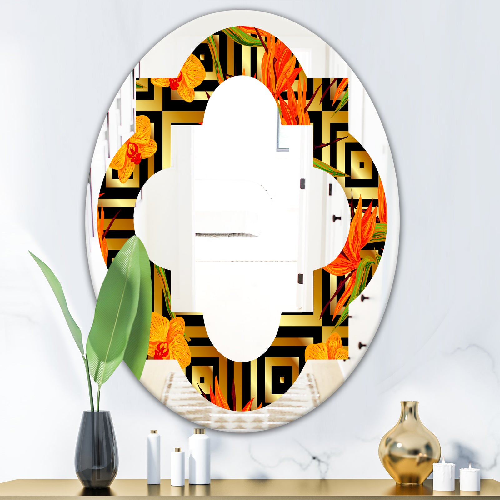Tropical Gold Luxury Pattern III - Modern Round or Oval Wall Mirror - Quatrefoil