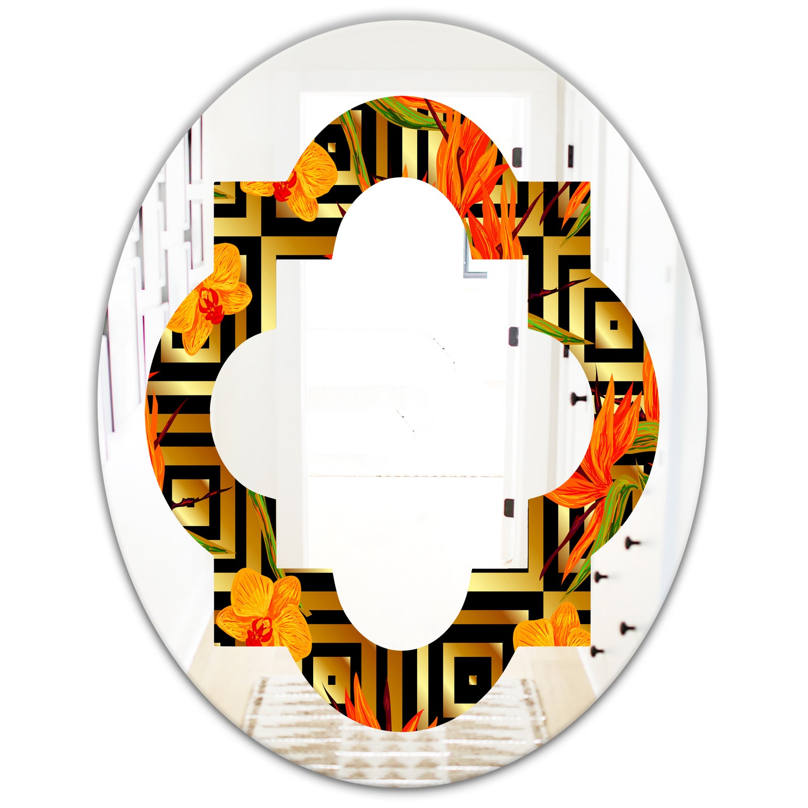 Tropical Gold Luxury Pattern III - Modern Round or Oval Wall Mirror - Quatrefoil