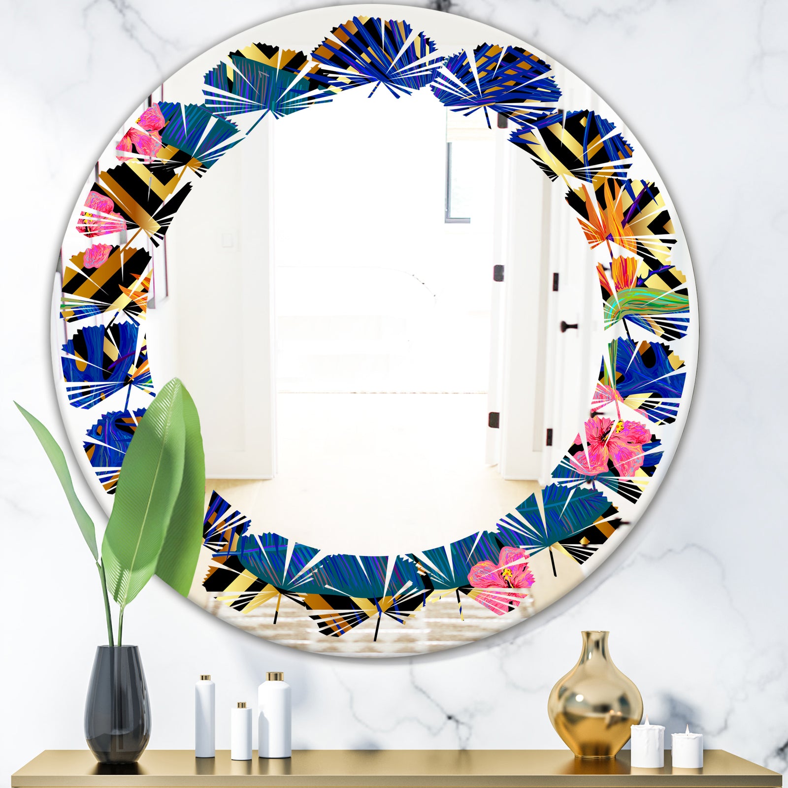 Abstract Retro Design IV - Modern Round or Oval Wall Mirror - Leaves