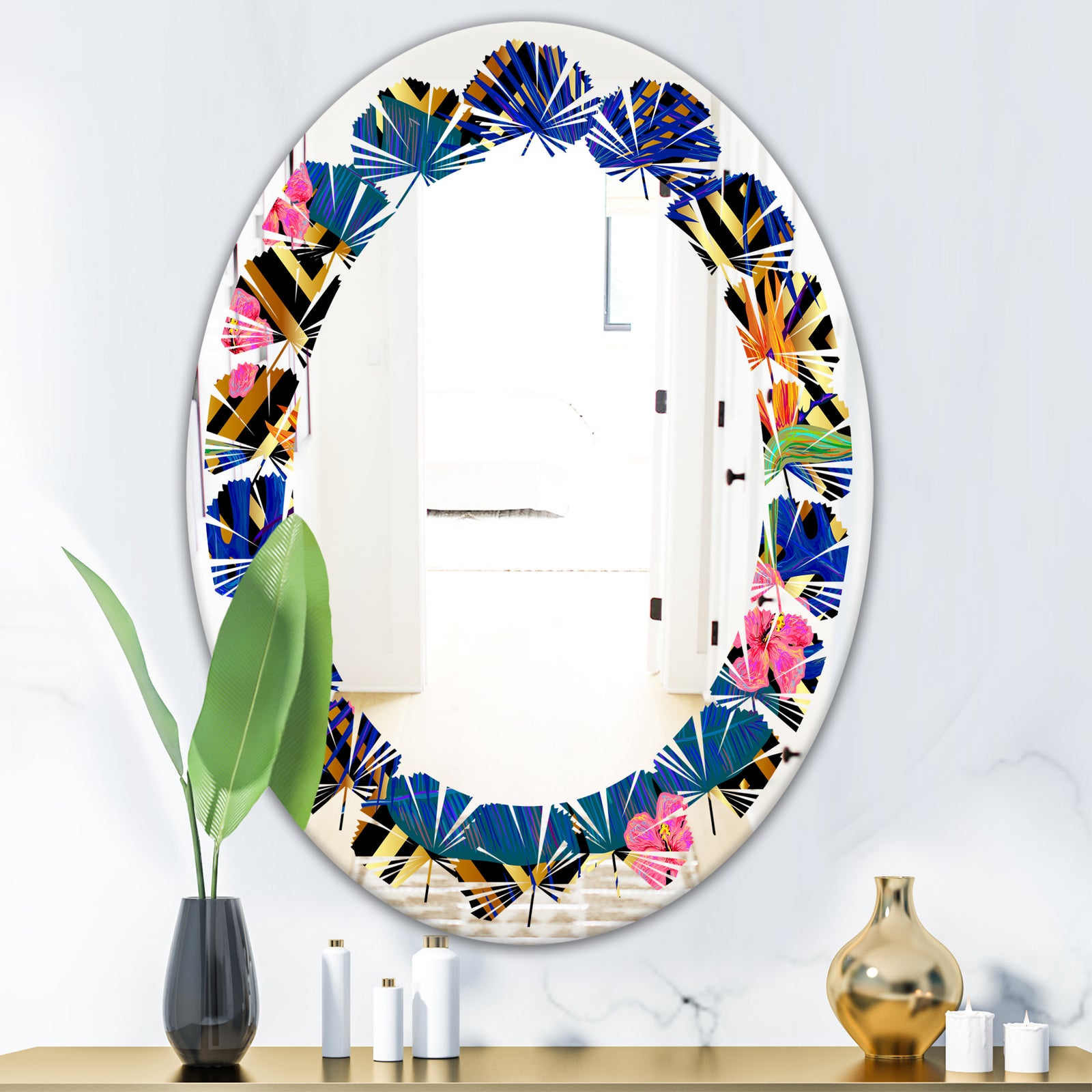 Abstract Retro Design IV - Modern Round or Oval Wall Mirror - Leaves