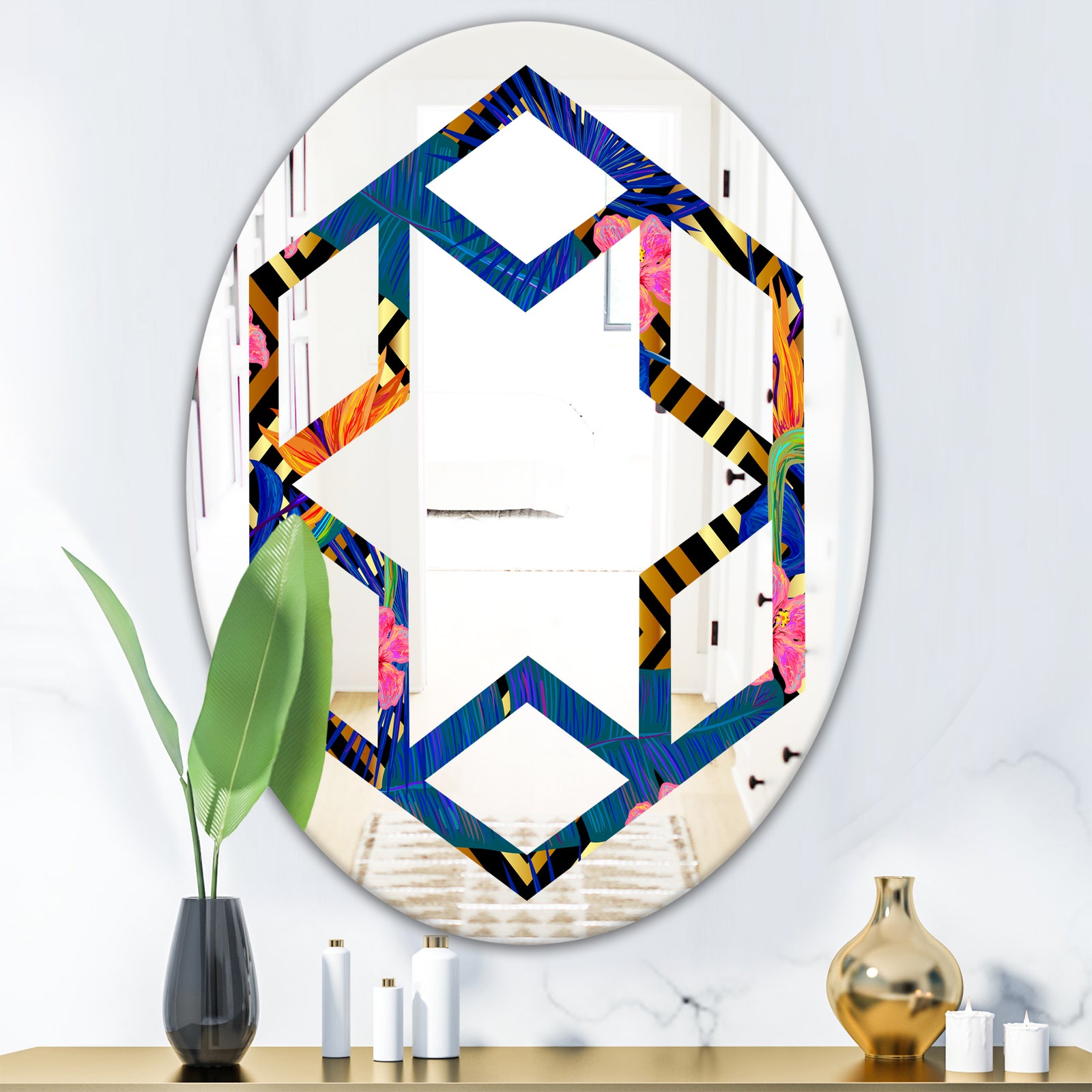 Abstract Retro Design IV - Modern Round or Oval Wall Mirror - Hexagon Star