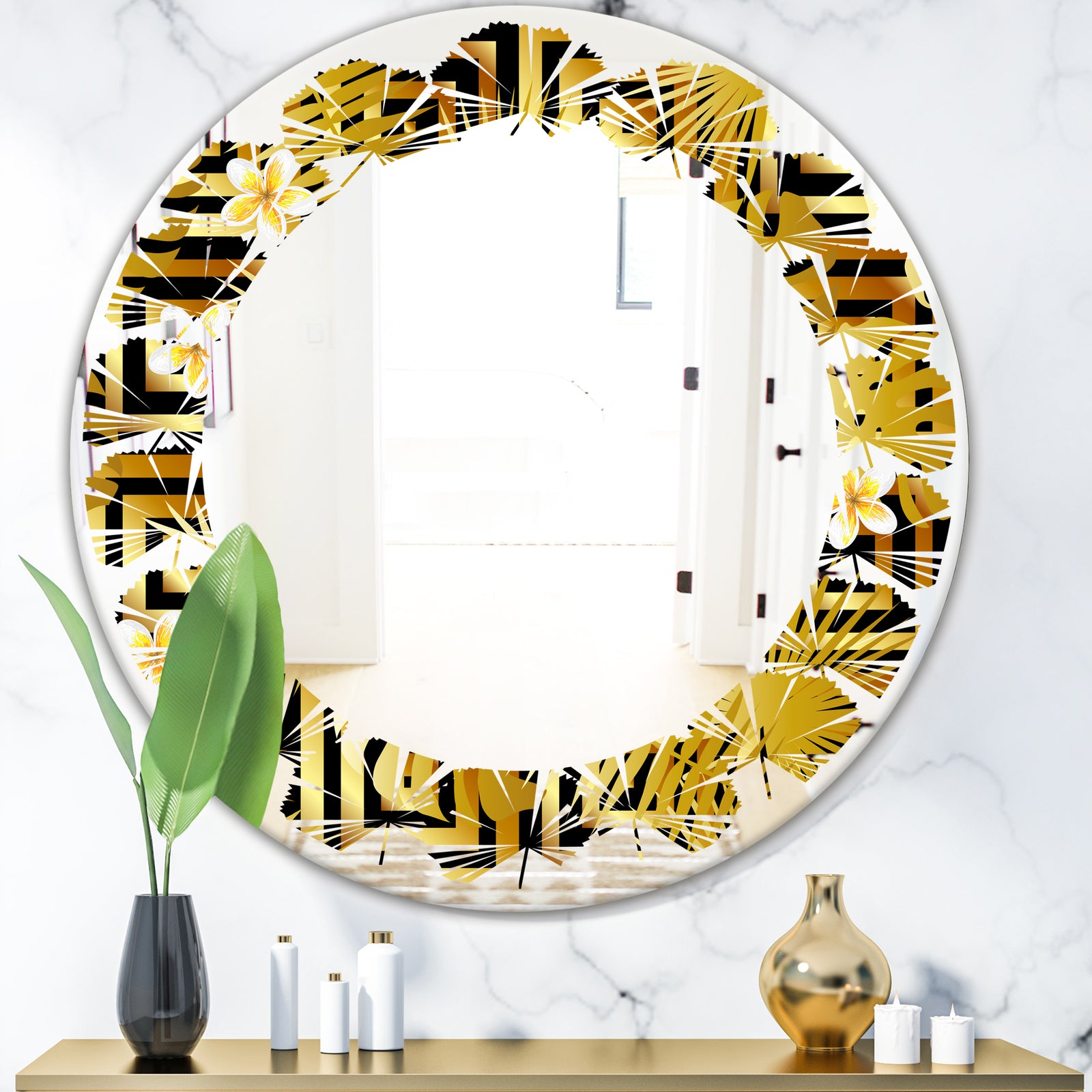 Modern gold luxury pattern - Modern Round or Oval Wall Mirror - Leaves