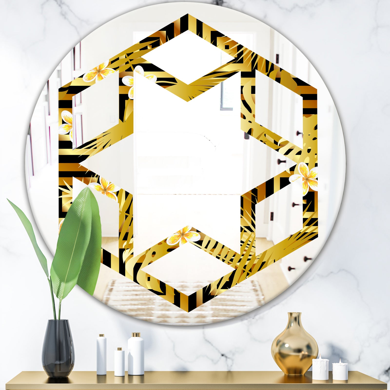 Modern gold luxury pattern - Modern Round or Oval Wall Mirror - Hexagon Star
