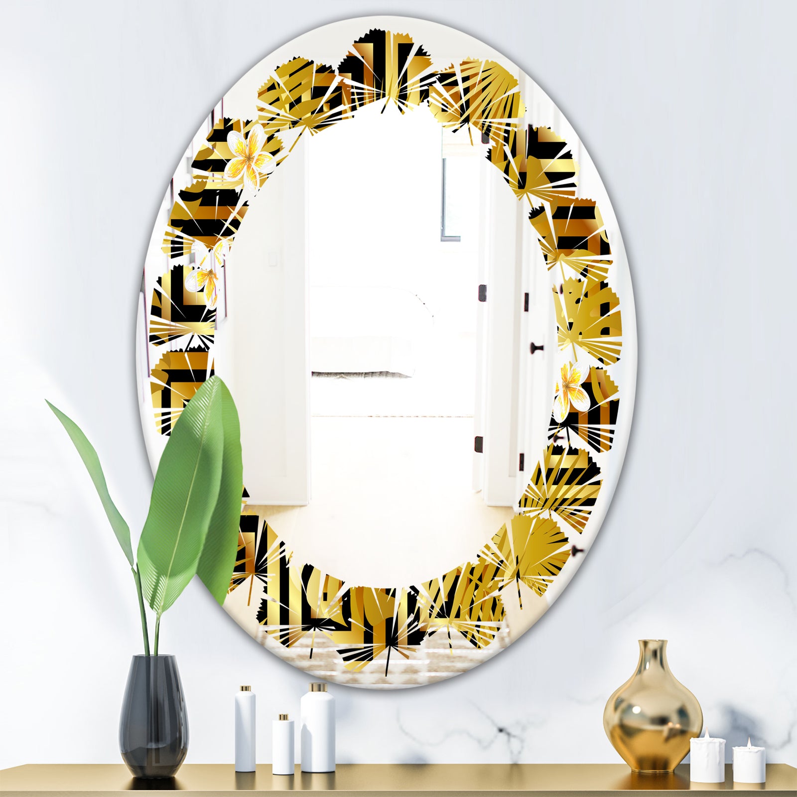 Modern gold luxury pattern - Modern Round or Oval Wall Mirror - Leaves