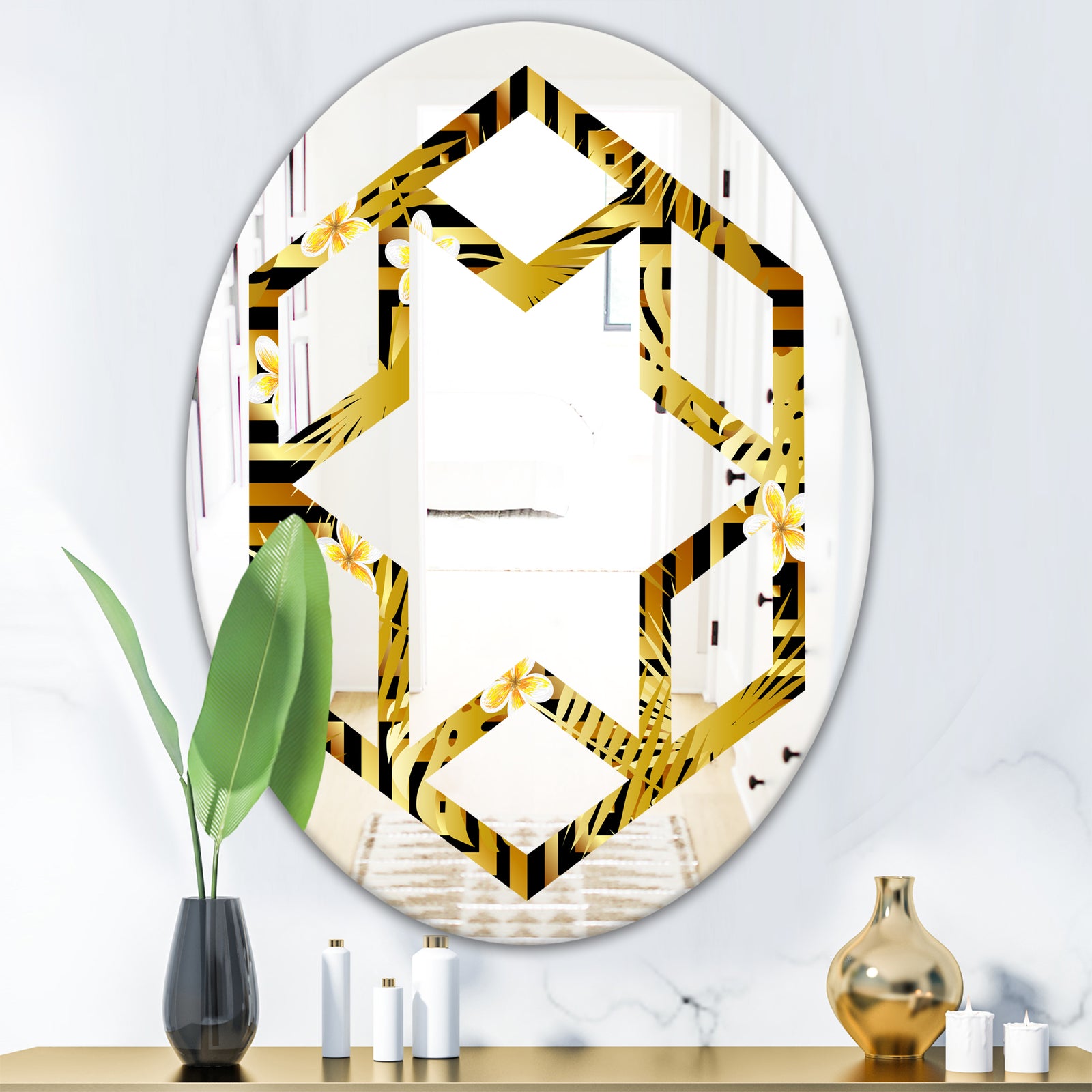 Modern gold luxury pattern - Modern Round or Oval Wall Mirror - Hexagon Star