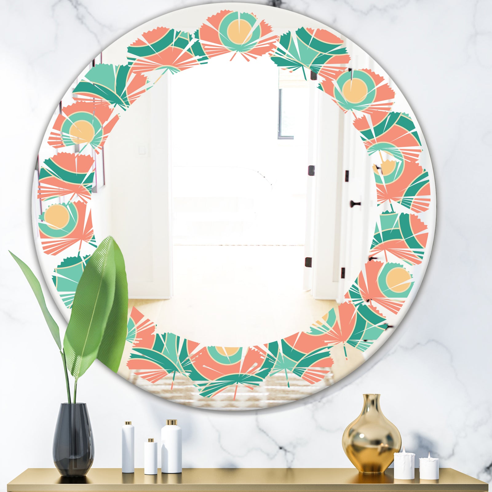 Retro Circular Pattern VI - Modern Round or Oval Wall Mirror - Leaves