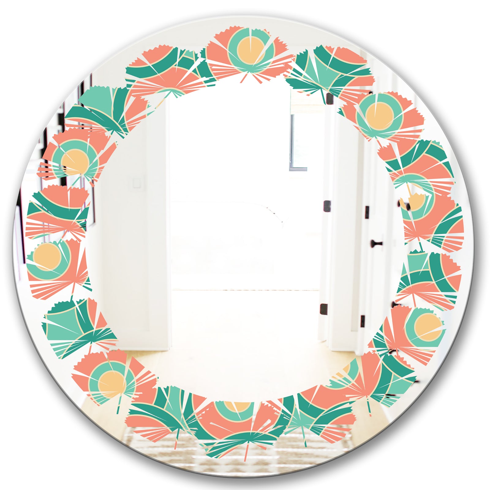 Retro Circular Pattern VI - Modern Round or Oval Wall Mirror - Leaves